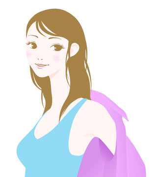 young woman bares her shoulder and armpit
