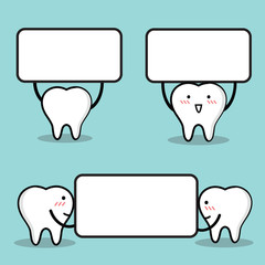 Vector of Cute cartoon tooth holding blank white board with space for text.