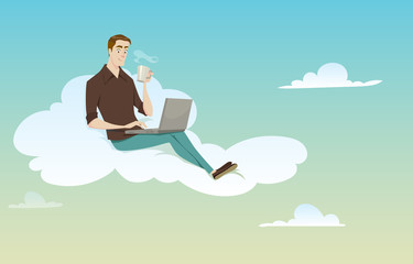 Young man sitting on the cloud using his computer on sunny weather in coffee break.