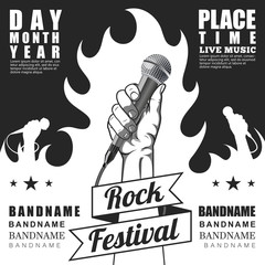Black and white Rock festival poster. hand holding a microphone in a fist