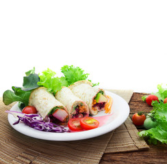 fresh whole wheat bread wraps with vegetables and fruit 