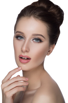 Perfect woman face portrait lips with fashion natural beige matte lipstick makeup. Beauty brunette sexy model girl  beautiful skin close her eyes and touching  .
