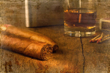 Cigar on old wooden table with the best whisky overlap with old