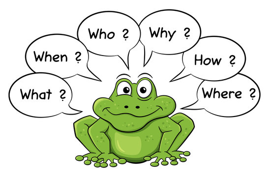 green cartoon frog who asks questions