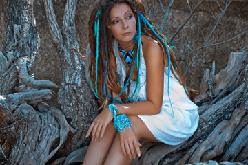 sensual portrait of young caucasian woman in white dress