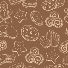 Cookie seamless pattern. Background with sweet desserts, cookies, rolls