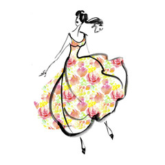 fashion girl in floral dress concept. watercolor sketch illustra