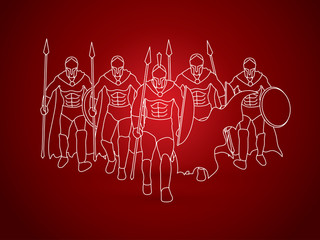 Group of Spartan warrior walking with a spear outline graphic vector.