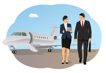 Businessman and businesswoman by airplane on runway. Private aircraft arrival. Working with portable devices.