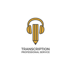 Transcription service logo. Vector illustration isolated on white. Bulky headphones and pencil. Modern clean simple flat design