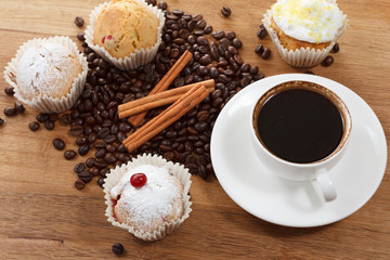 Sweet muffin and coffee. Overhead view