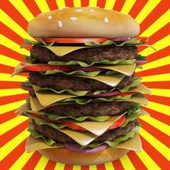 hambuger close up red and yellow background, 3d rendering