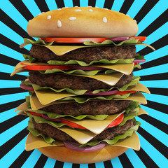 hambuger close up white and black background, 3d rendering