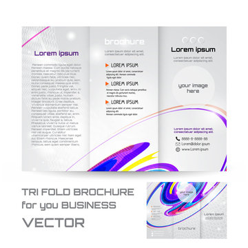 Corporate Tri Fold Brochure, curl and swirl bright line, vector illustration