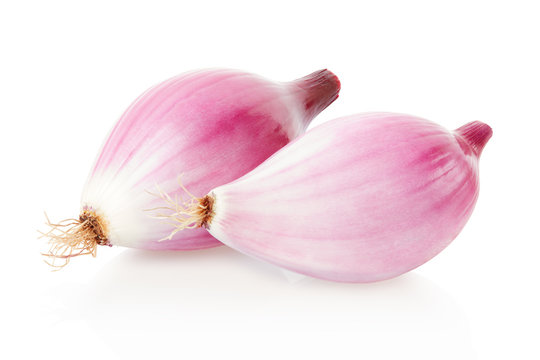 Two red onions, Tropea type, isolated on white, clipping path