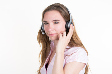 Blond female support phone operator in headset, isolated on white