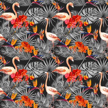 Flamingo, tropical leaves, exotic flowers. Seamless pattern, black background. Watercolor