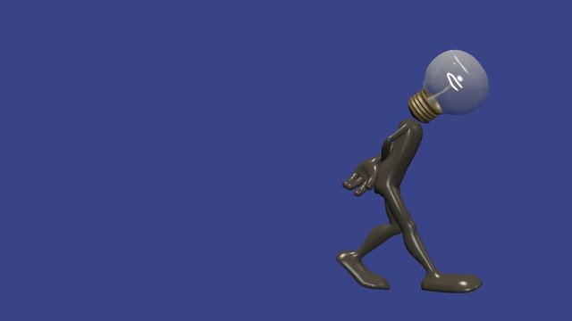 3D Animation einer Figur mit Gl&uuml;hbirnenkopf, die gr&uuml;belnd hin und her l&auml;uft bis sie die L&ouml;sung findet.
