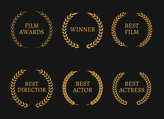 Film academy awards winners and best nominee gold wreaths on black background.