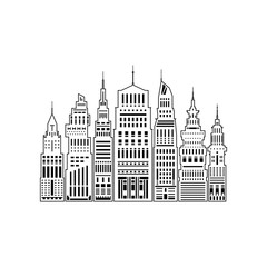 Modern Big City with Buildings and Skyscraper, Architecture Megapolis, City Financial Center Isolated on White Background ,Line Style Design, Black and White Vector Illustration