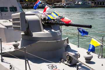 Odesa, Ukraine - July 03, 2016: festive naval flags on warship. Celebration Ukrainian NAVY forces...