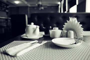 empty table background blur interior of the restaurant