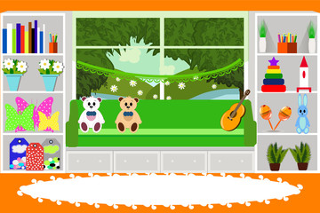 The interior of the living room. Toys, musical instruments, plants, vector illustration