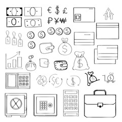 Simple set of money related vector icons for your design. Hand-drawn style.