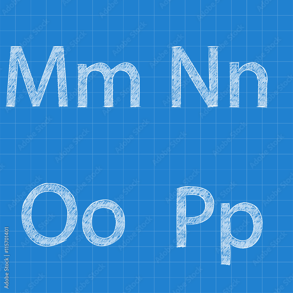 Fototapete sketched letters m n o p on blueprint background