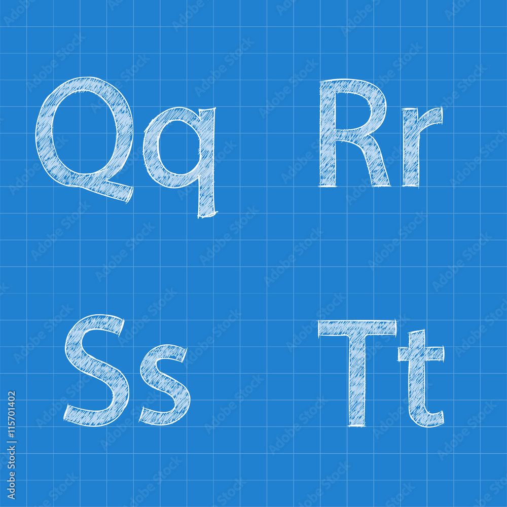 Fototapete sketched letters q r s t on blueprint background