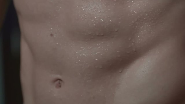 Close up of great male abs with sweating skin