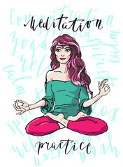 Meditating woman hand drawn