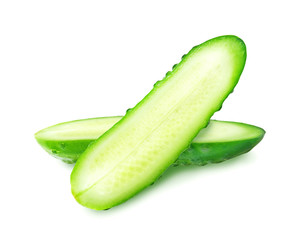 Fresh green ripe two slices of cucumber isolated on white background. Design element for product label, catalog print, web use.