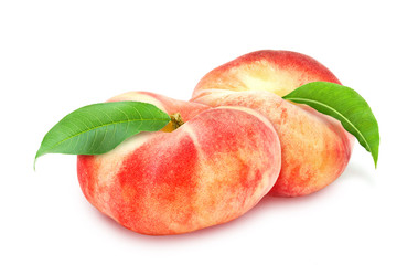 Two fresh ripe peach with green leaf isolated on white background.  Design element for product label, catalog print, web use.