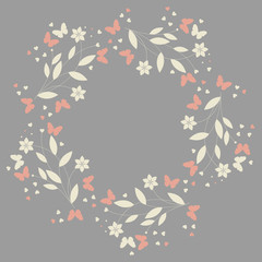 Fototapeta na wymiar Elegant floral circle frame with butterflies and hearts