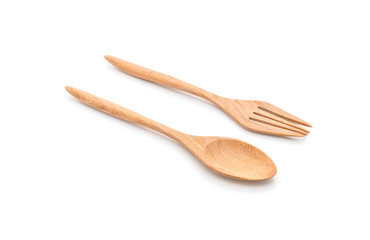 wood spoon and fork on white