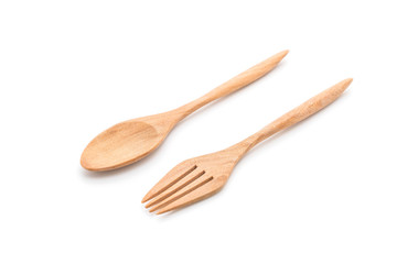 wood spoon and fork on white