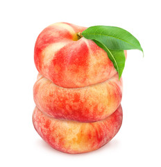 Three fresh ripe peaches in stack with green leaf isolated on white background.  Design element for product label, catalog print, web use.