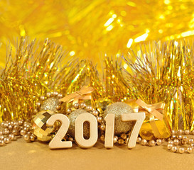 2017 year golden figures and golden Christmas decorations