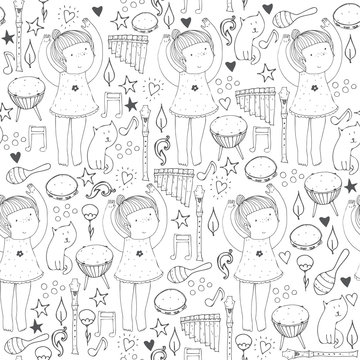 Vector black and white seamless illustration with cute dancing girl, musical instruments, cat, flowers, doodle shapes. Square hand drawn picture, good for dancing school, dance classes, ballet studio