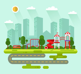 Flat design vector summer landscape illustration of city park with kids playground and equipment with swings, slides and tube, bench, road, skyscrapers, clouds, sun. Amusement park for children.
