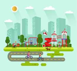 Flat design vector summer landscape illustration of city park with kids playground and equipment with swings, slides and tube. Cyclists, dog, bench, road, girl with kite. Amusement park for children.