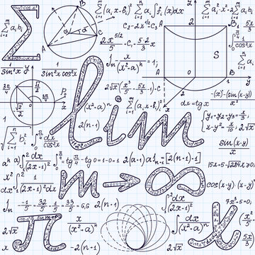 Algebraic vector seamless texture with many various mathematical signs, calculations, formulas. Math endless pattern, handwritten on a grid copybook paper