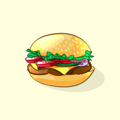 Tasty burger in cartoon style. Vector illustration