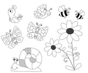 spring coloring pages for children - vectors illustration with a flower, flying bees,, butterflies