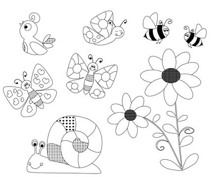 spring coloring pages for children - vectors illustration with a flower, flying bees,, butterflies