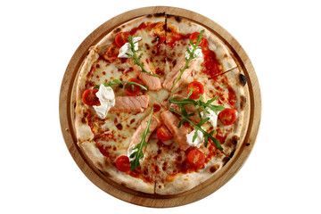 Delicious pizza with cheese and cherry tomatoes isolated on white