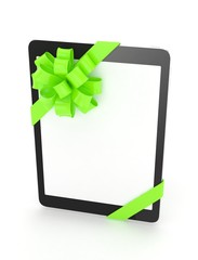 Black tablet with green bow and empty screen. 3D rendering.
