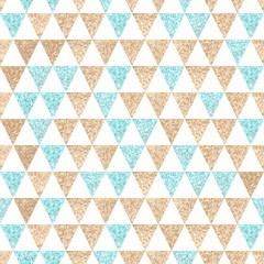 Seamless geometric abstract background. Gold and aquamarine tria