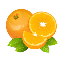 Orange slice fruit icon vector set. Composition isolated on white background. Realistic juicy orange with leaves